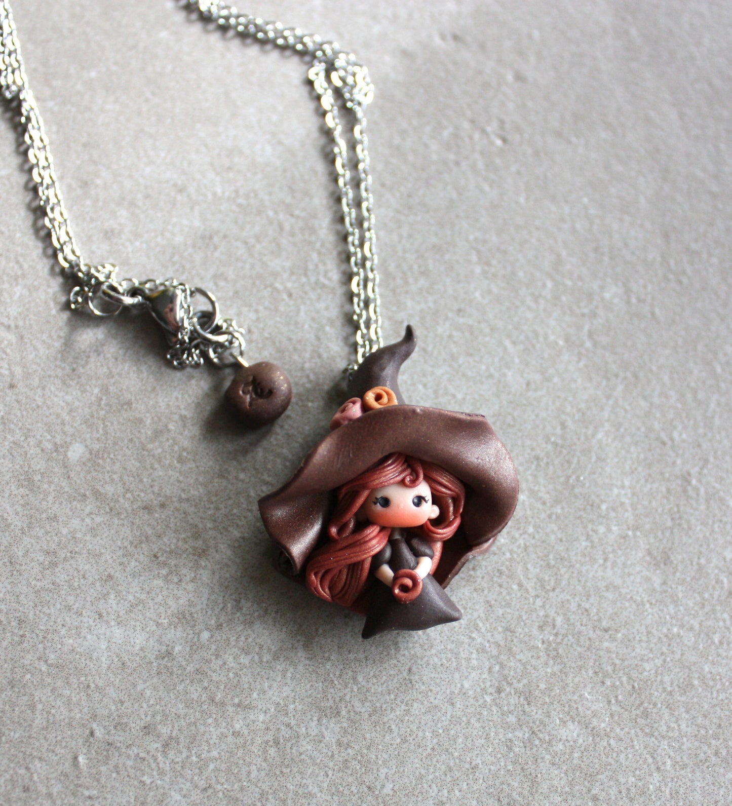 Stainless Steel Necklace with Handmade Polymer Clay Witch