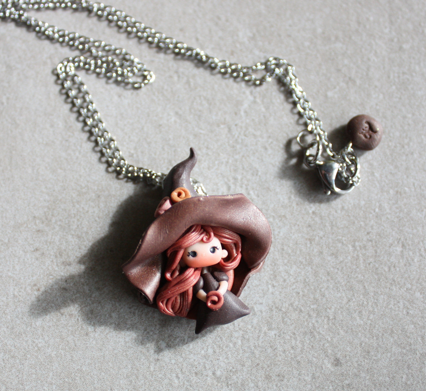 Stainless Steel Necklace with Handmade Polymer Clay Witch