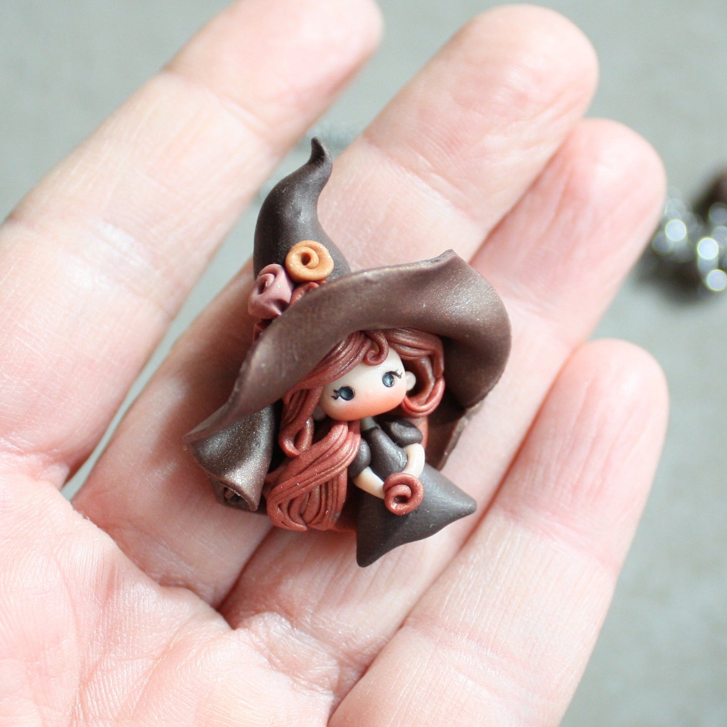 Stainless Steel Necklace with Handmade Polymer Clay Witch