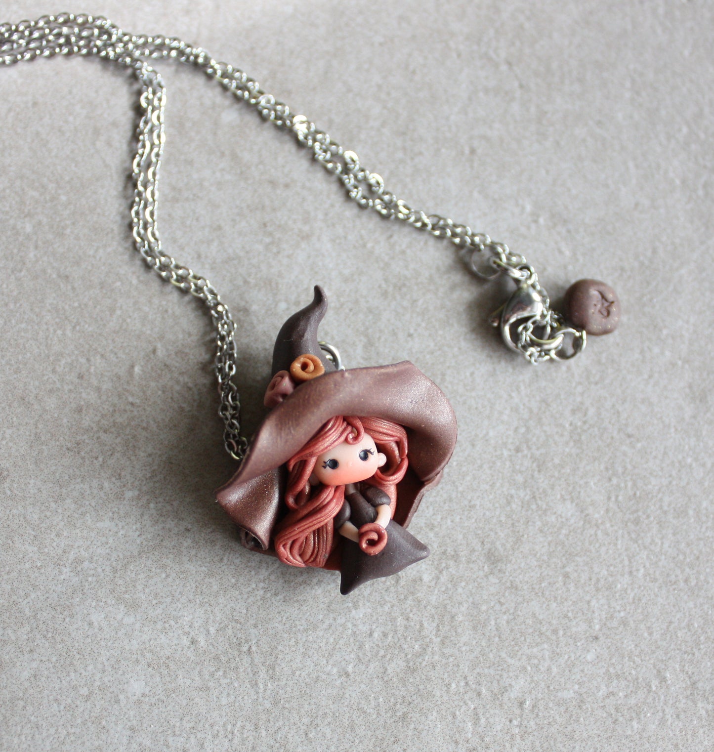 Stainless Steel Necklace with Handmade Polymer Clay Witch