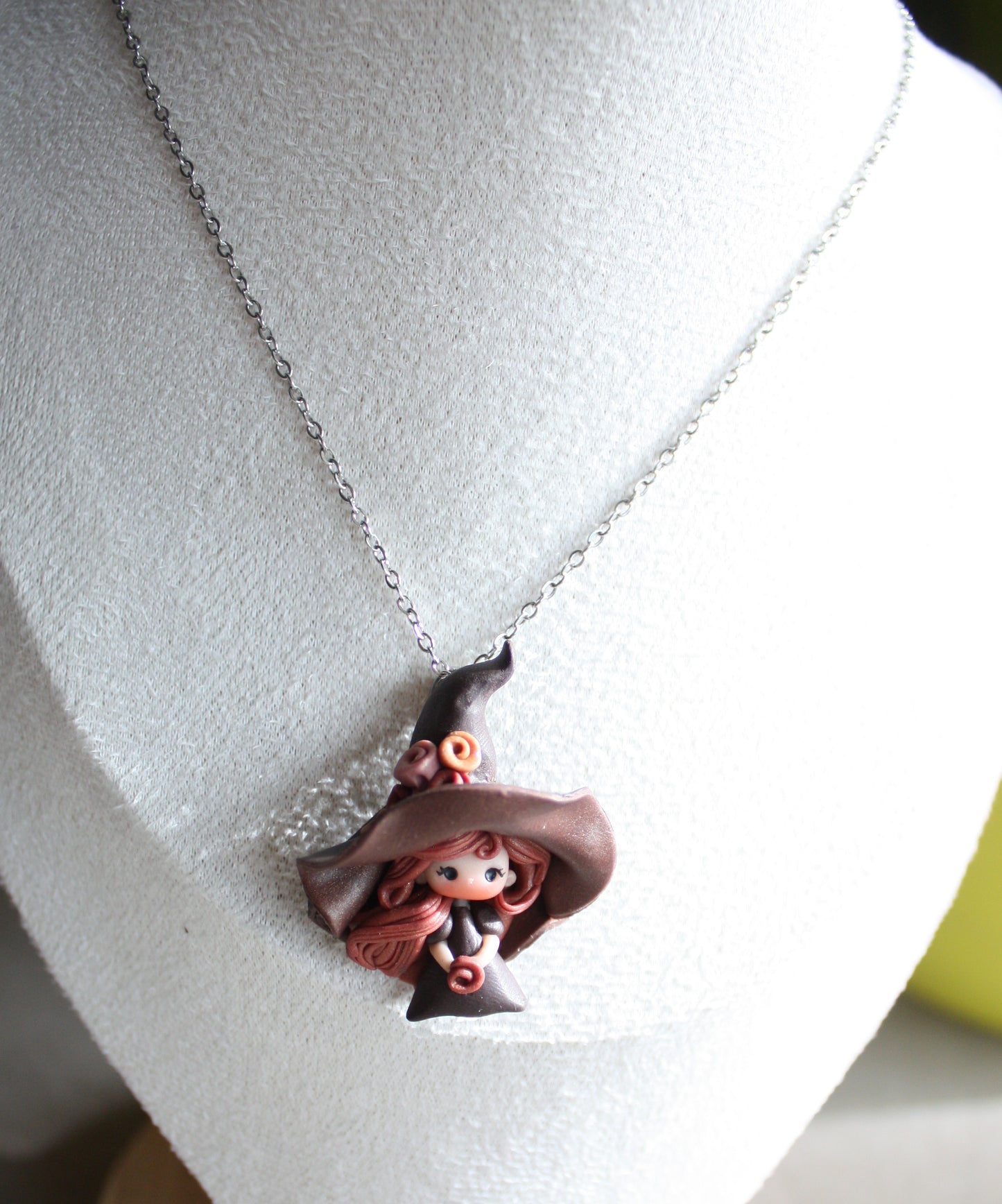 Stainless Steel Necklace with Handmade Polymer Clay Witch