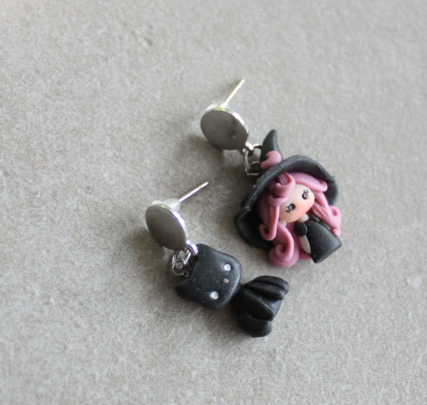 Handmade Polymer Clay Dangle Earrings with Witch and Cat
