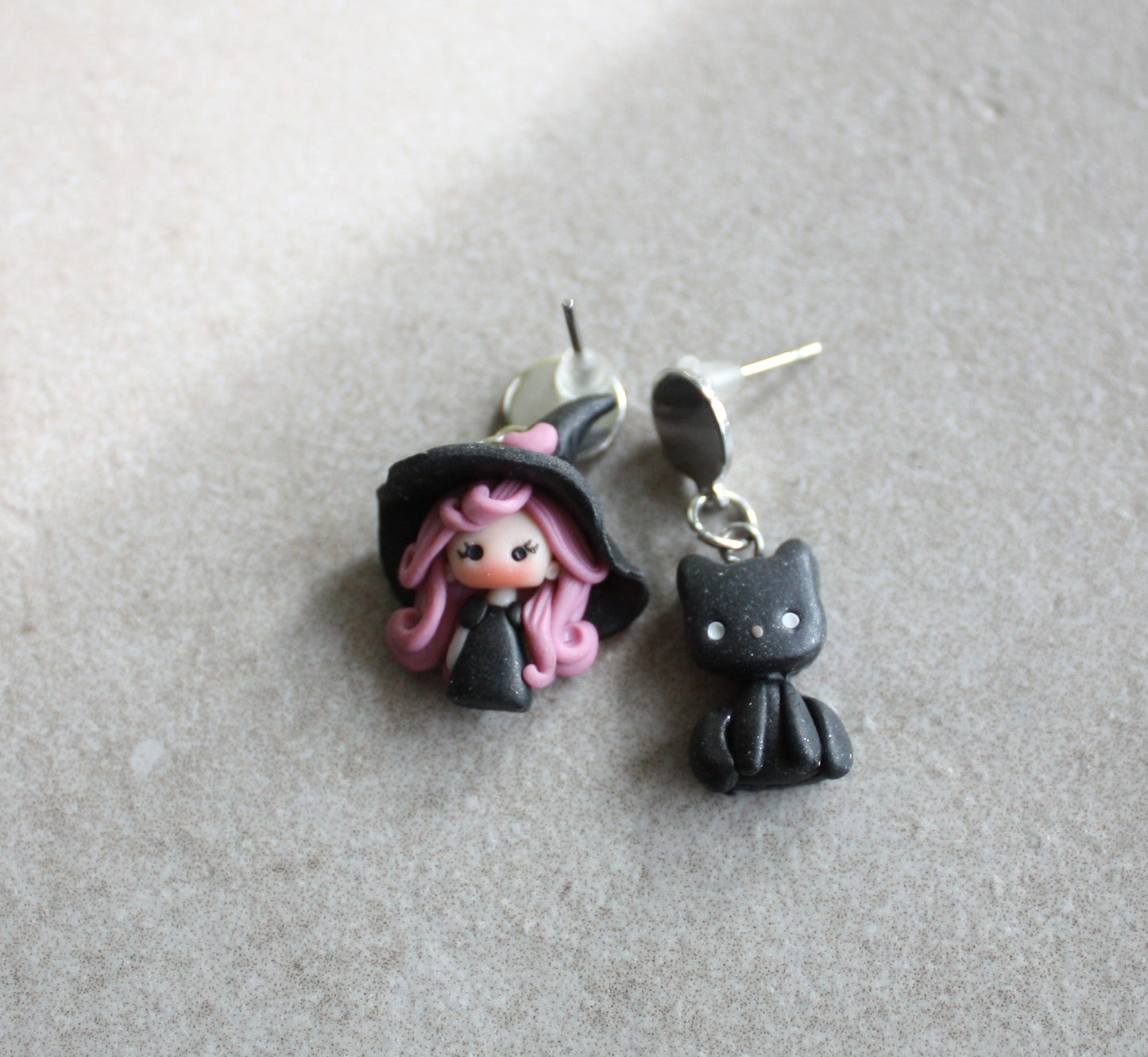 Handmade Polymer Clay Dangle Earrings with Witch and Cat