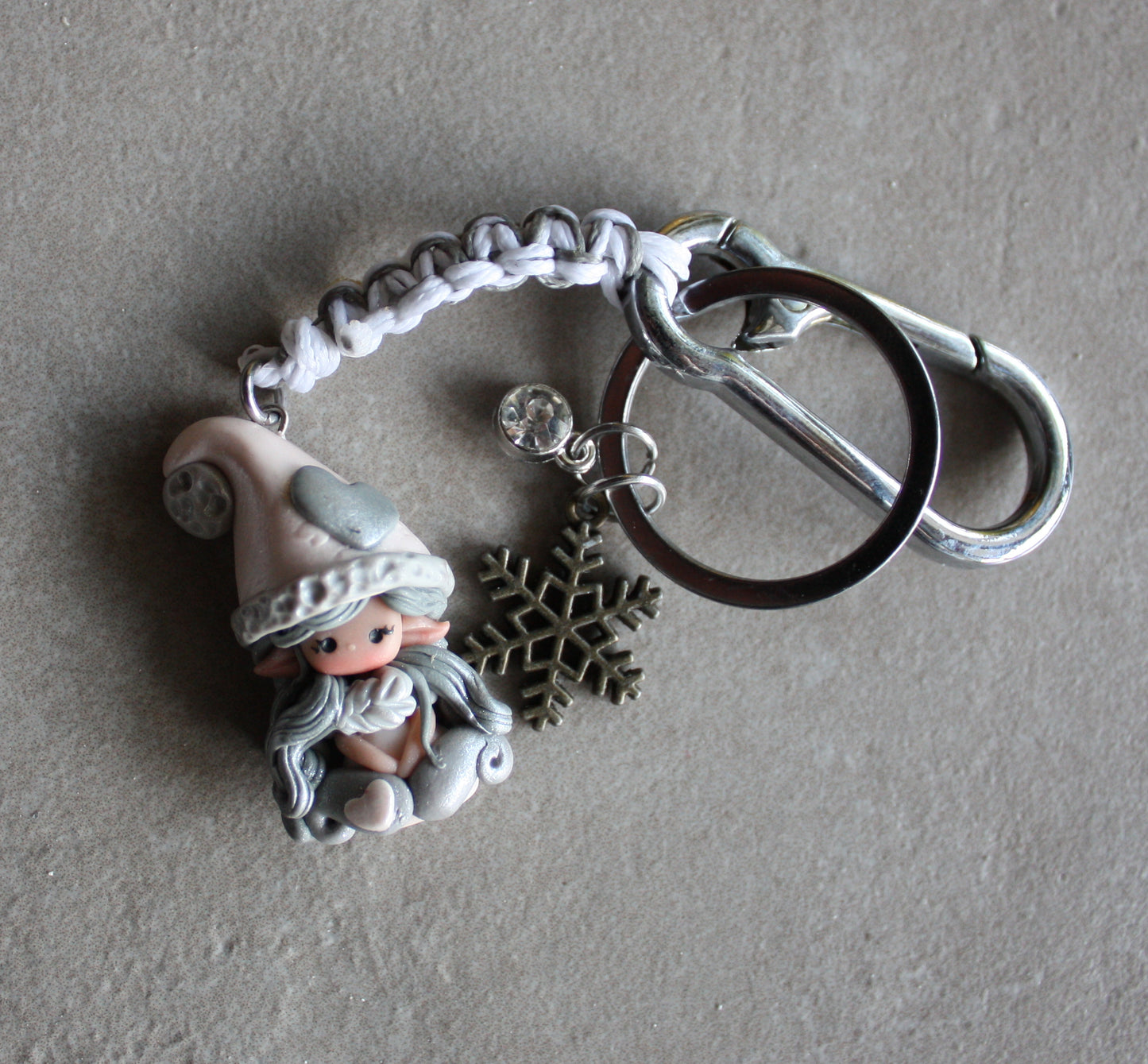 Macramé keychain with polymer clay gnome