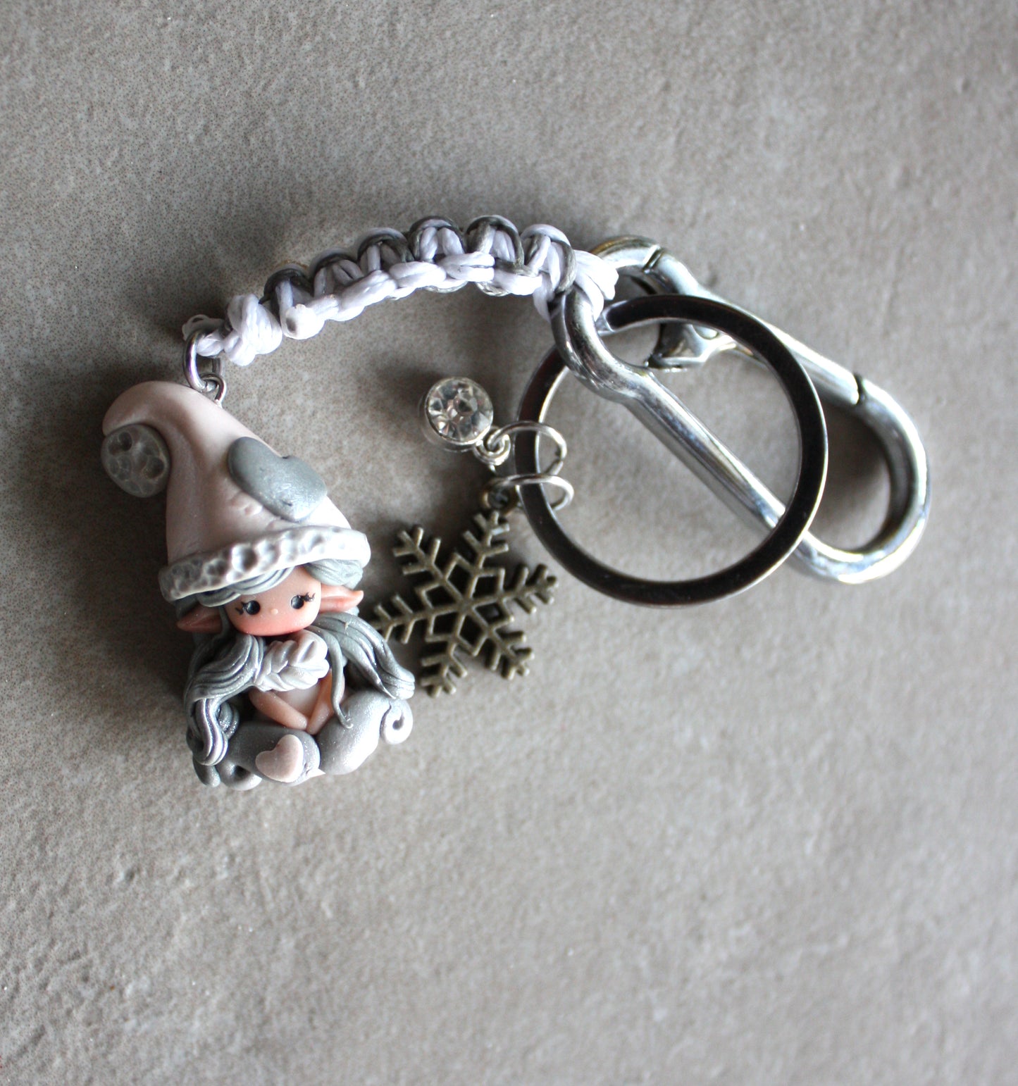 Macramé keychain with polymer clay gnome