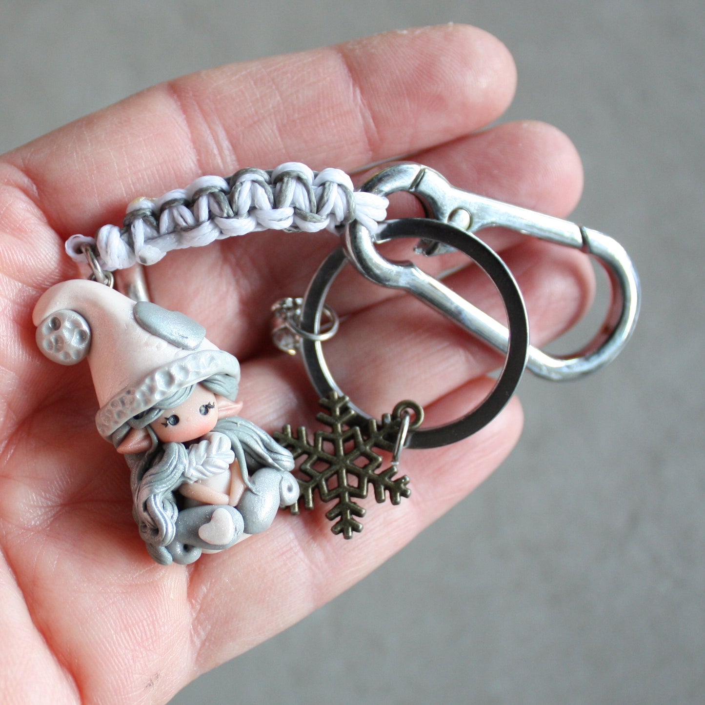 Macramé keychain with polymer clay gnome