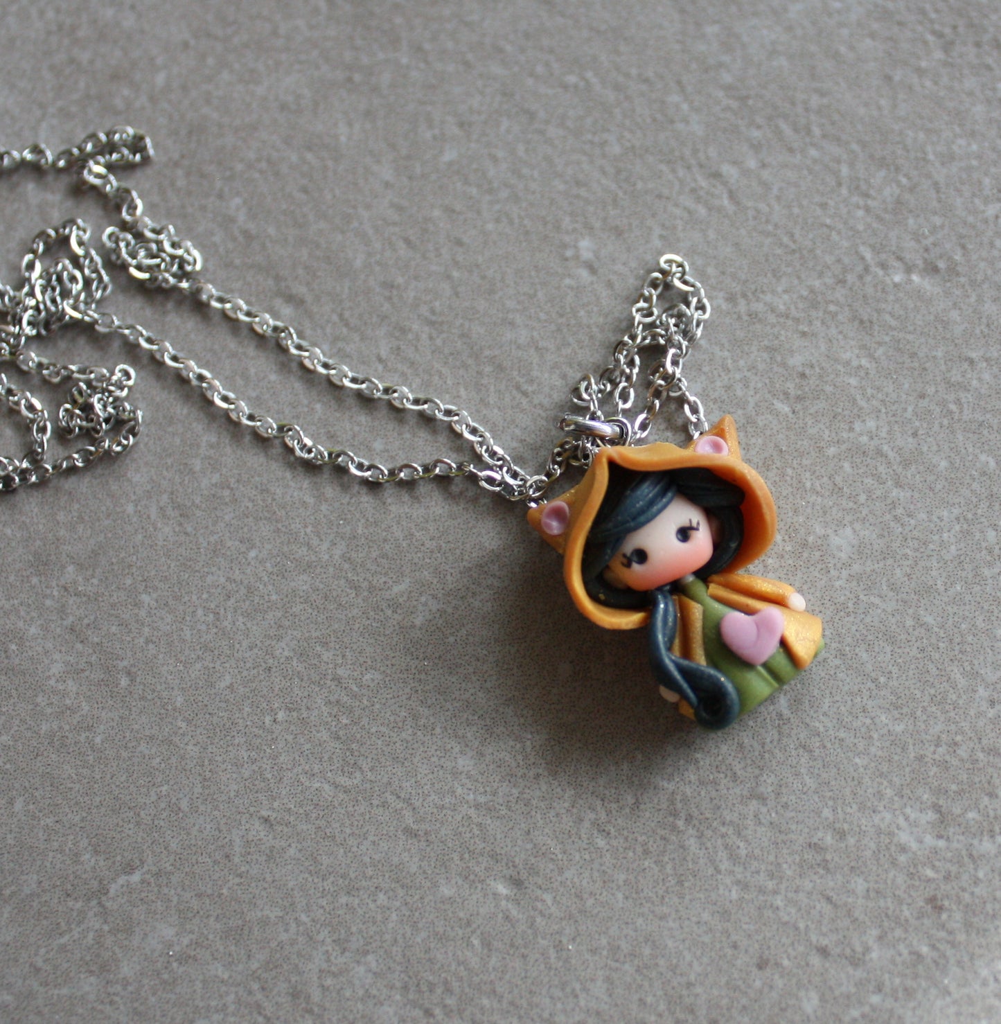 Stainless Steel Necklace with Handmade Polymer Clay Cat Doll III