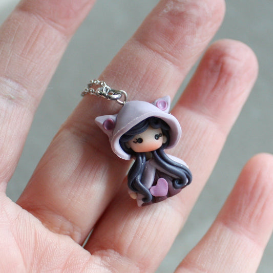 Collana in acciaio inox con cat doll in fimo modellata a mano IV