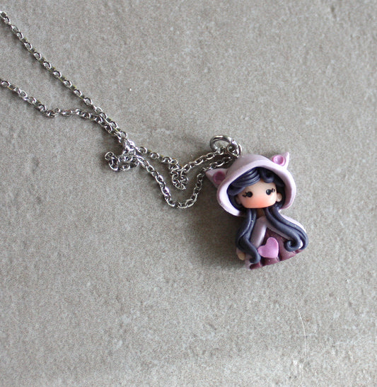 Collana in acciaio inox con cat doll in fimo modellata a mano IV
