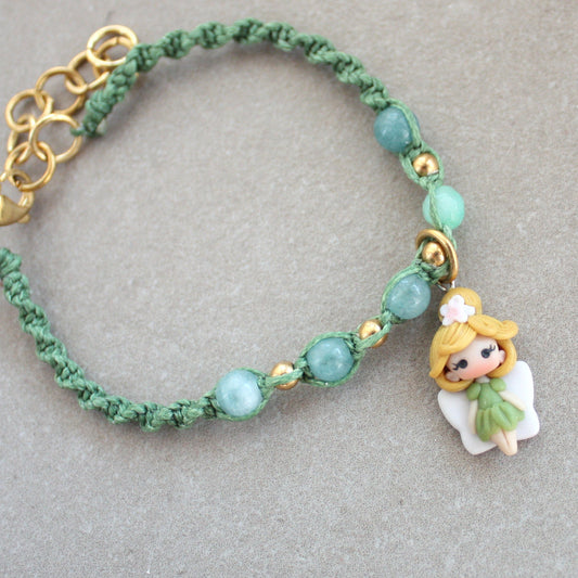 Green macramé bracelet with Tinker Bell charm