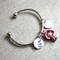 Stainless steel bangle bracelet with cat doll and engraved charm