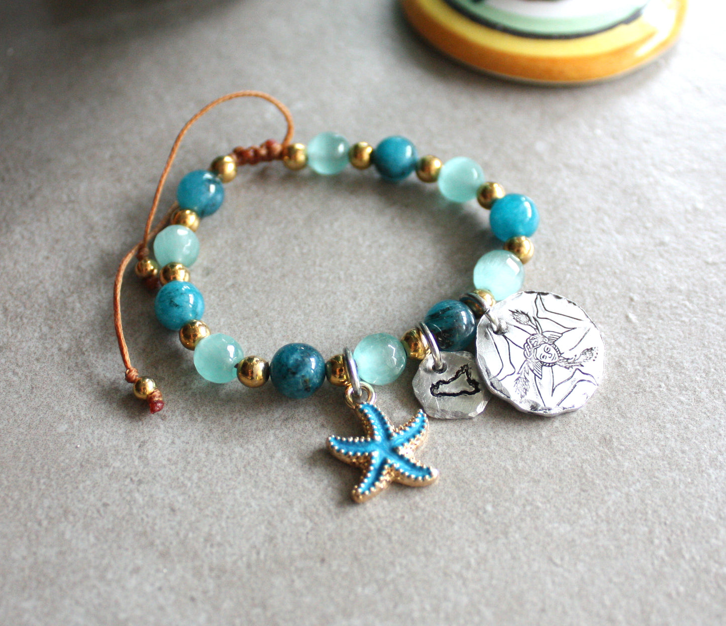 Sicilian Macramé Bracelet with Natural Stones & Hand-Engraved Aluminum Charms