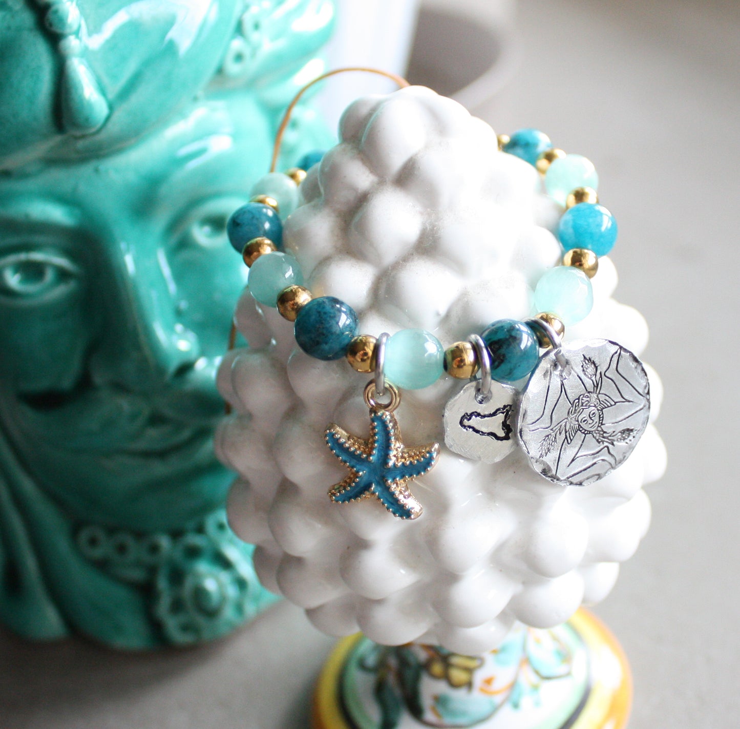 Sicilian Macramé Bracelet with Natural Stones & Hand-Engraved Aluminum Charms