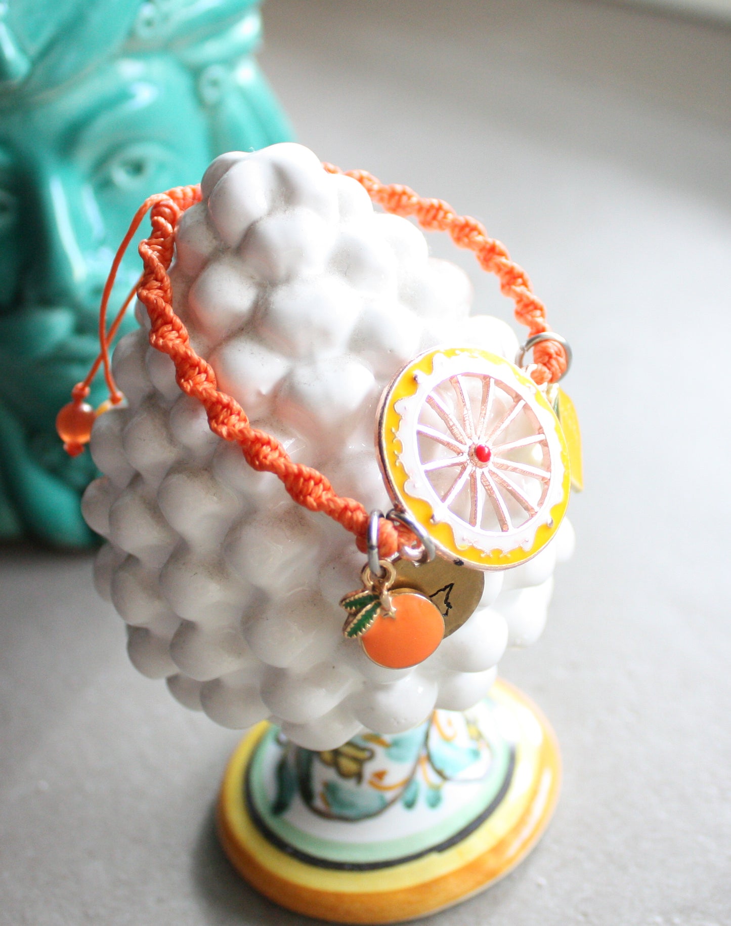 Sicilian Macramé Bracelet with Orange Waxed Cotton and Enamel Citrus Charms
