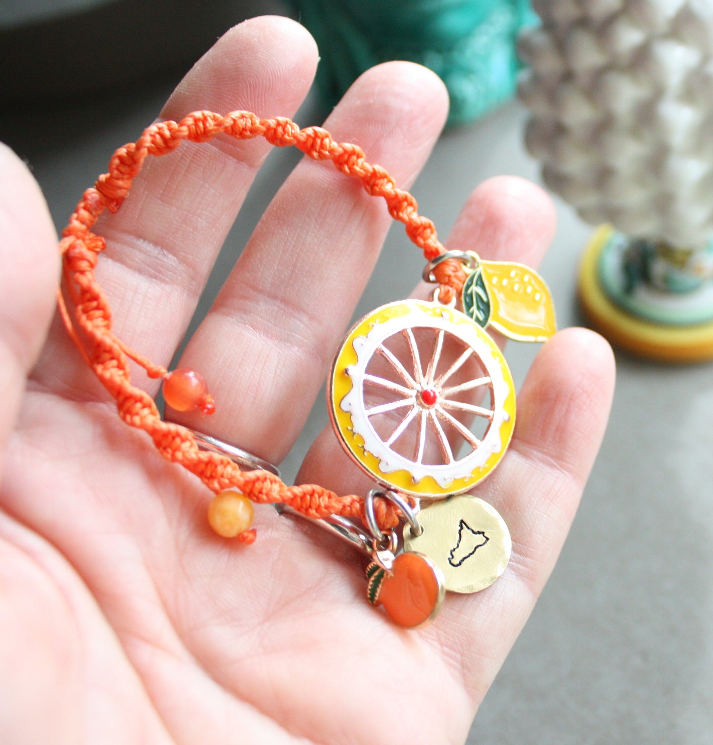 Sicilian Macramé Bracelet with Orange Waxed Cotton and Enamel Citrus Charms