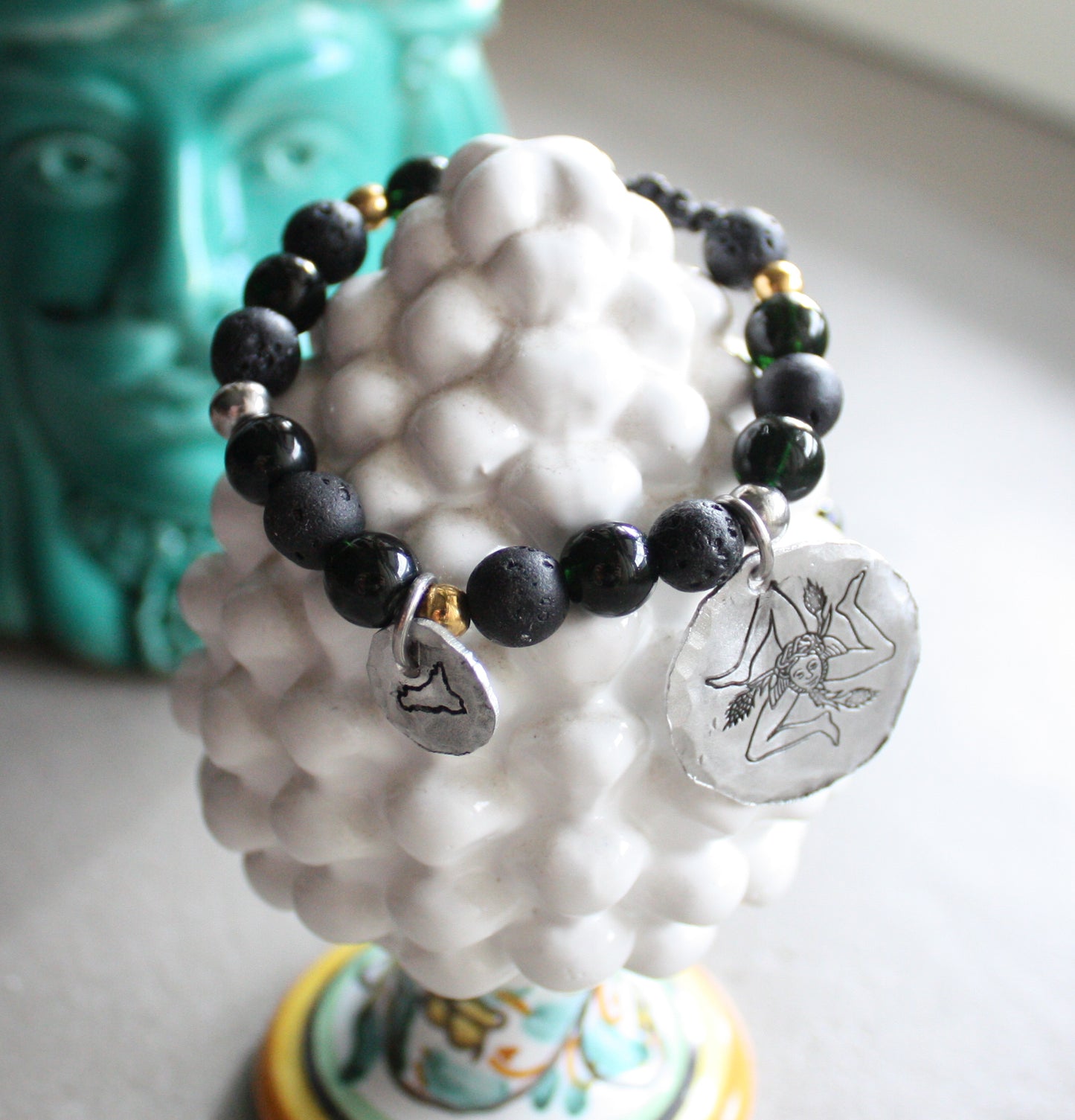 Sicilian Macramé Bracelet with Lava Stone Beads, Trinacria & Sicily Charms