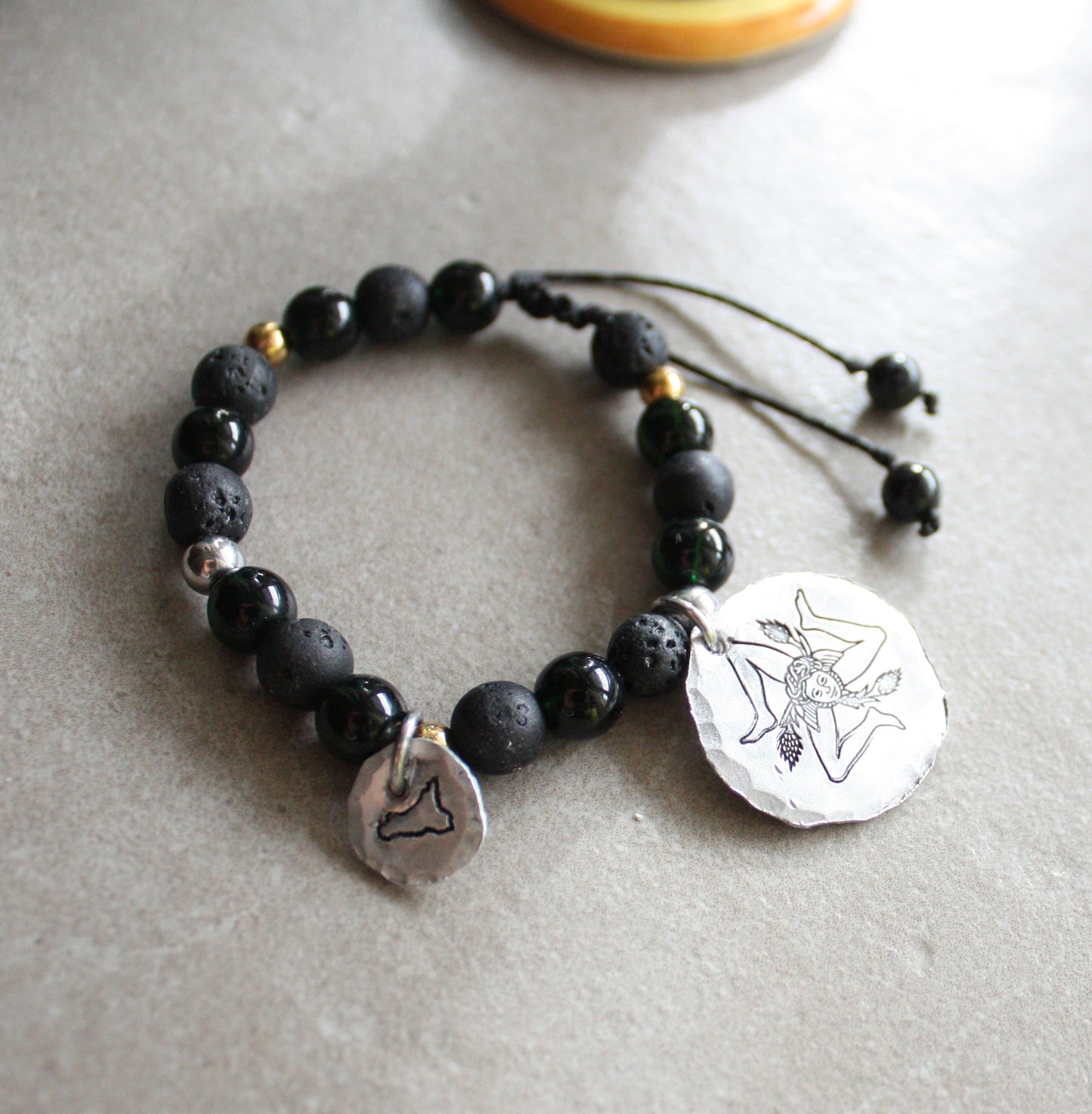 Sicilian Macramé Bracelet with Lava Stone Beads, Trinacria & Sicily Charms