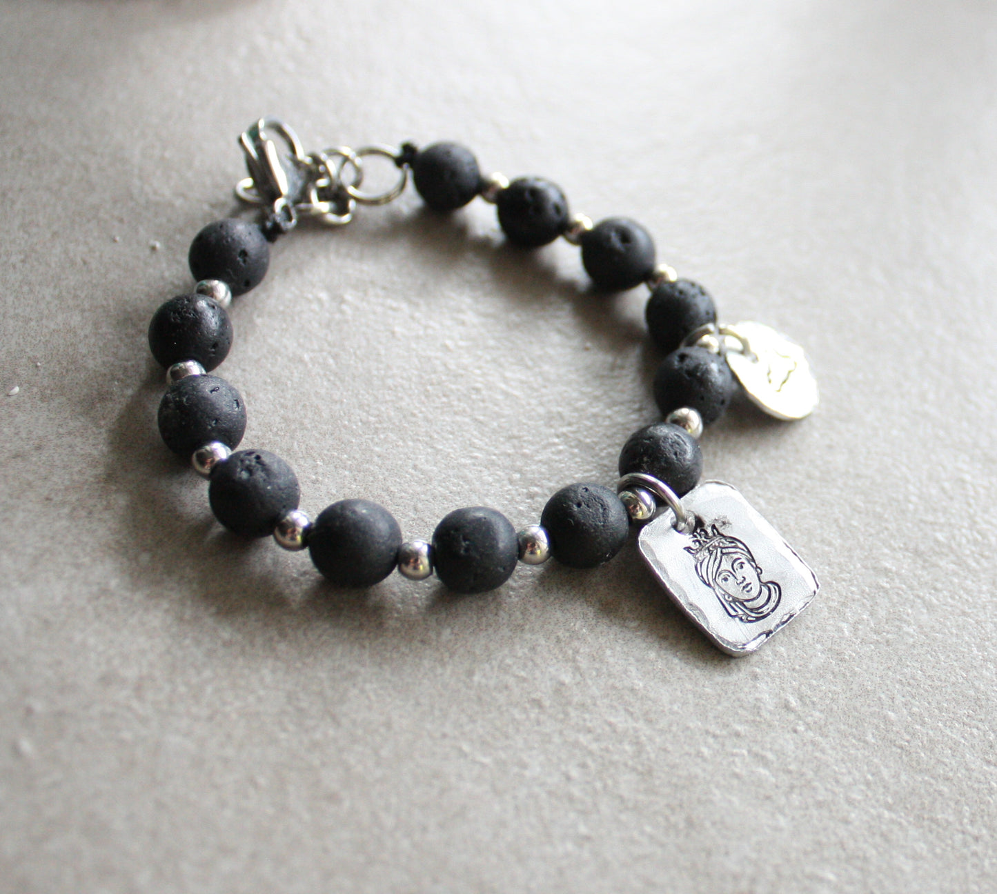 Sicilian Bracelet with Natural Stones, Stainless Steel & Hand-Engraved Aluminum Charms