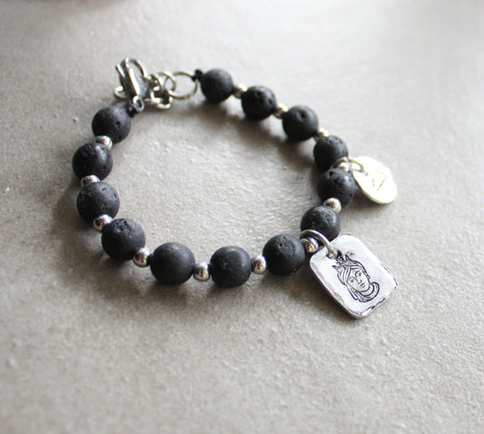 Sicilian Bracelet with Natural Stones, Stainless Steel & Hand-Engraved Aluminum Charms
