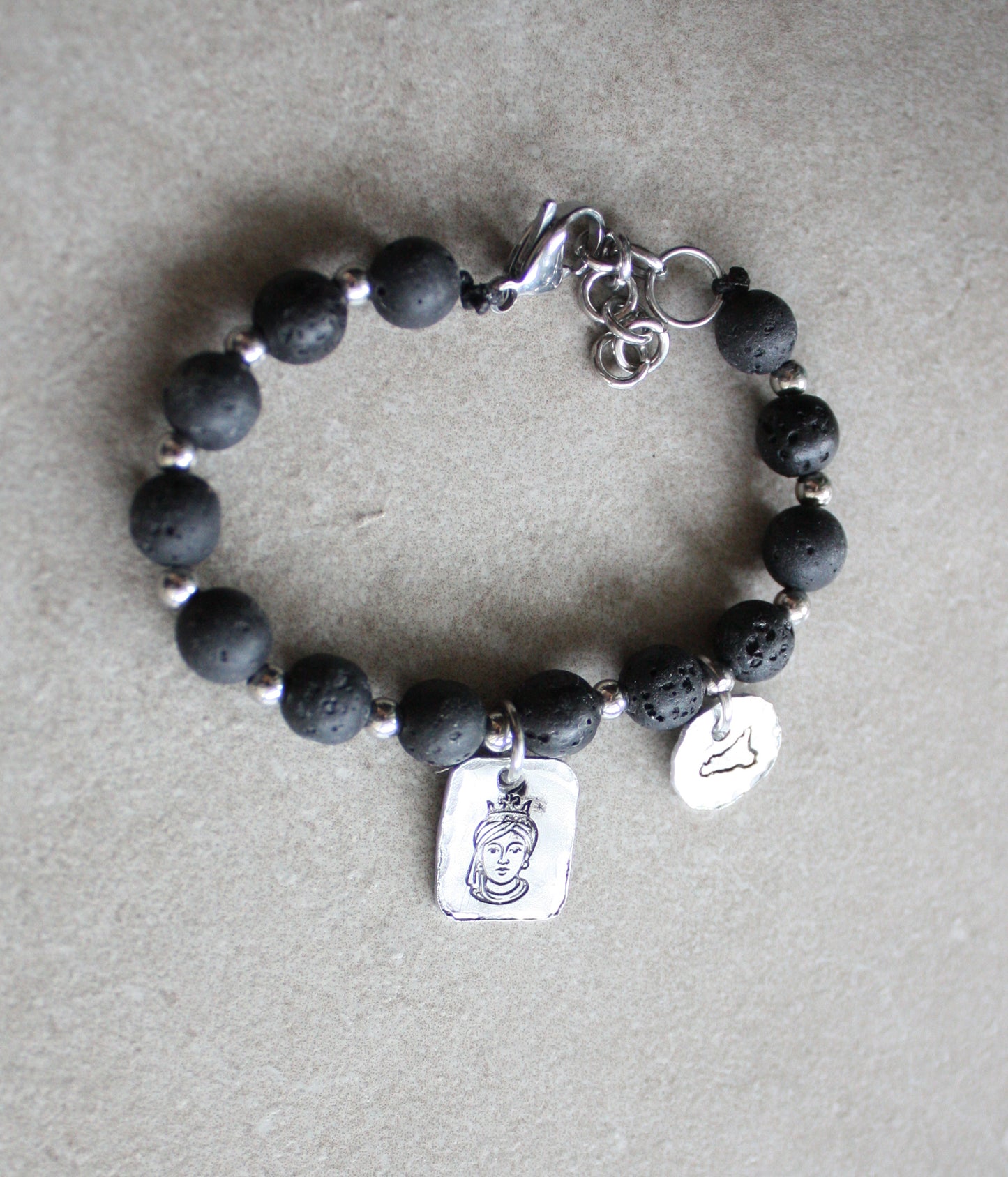 Sicilian Bracelet with Natural Stones, Stainless Steel & Hand-Engraved Aluminum Charms