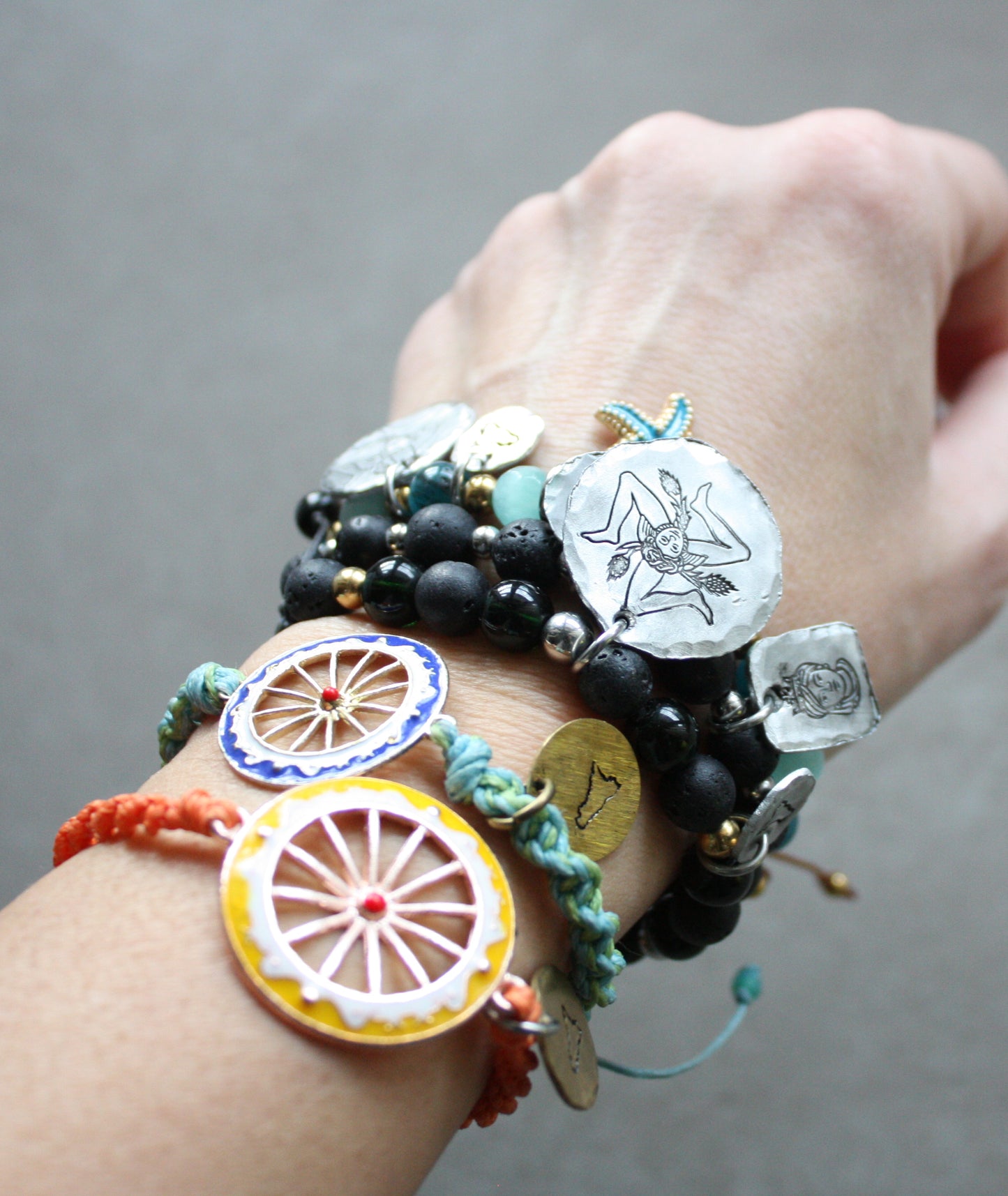 Sicilian Macramé Bracelet with Lava Stone Beads, Trinacria & Sicily Charms