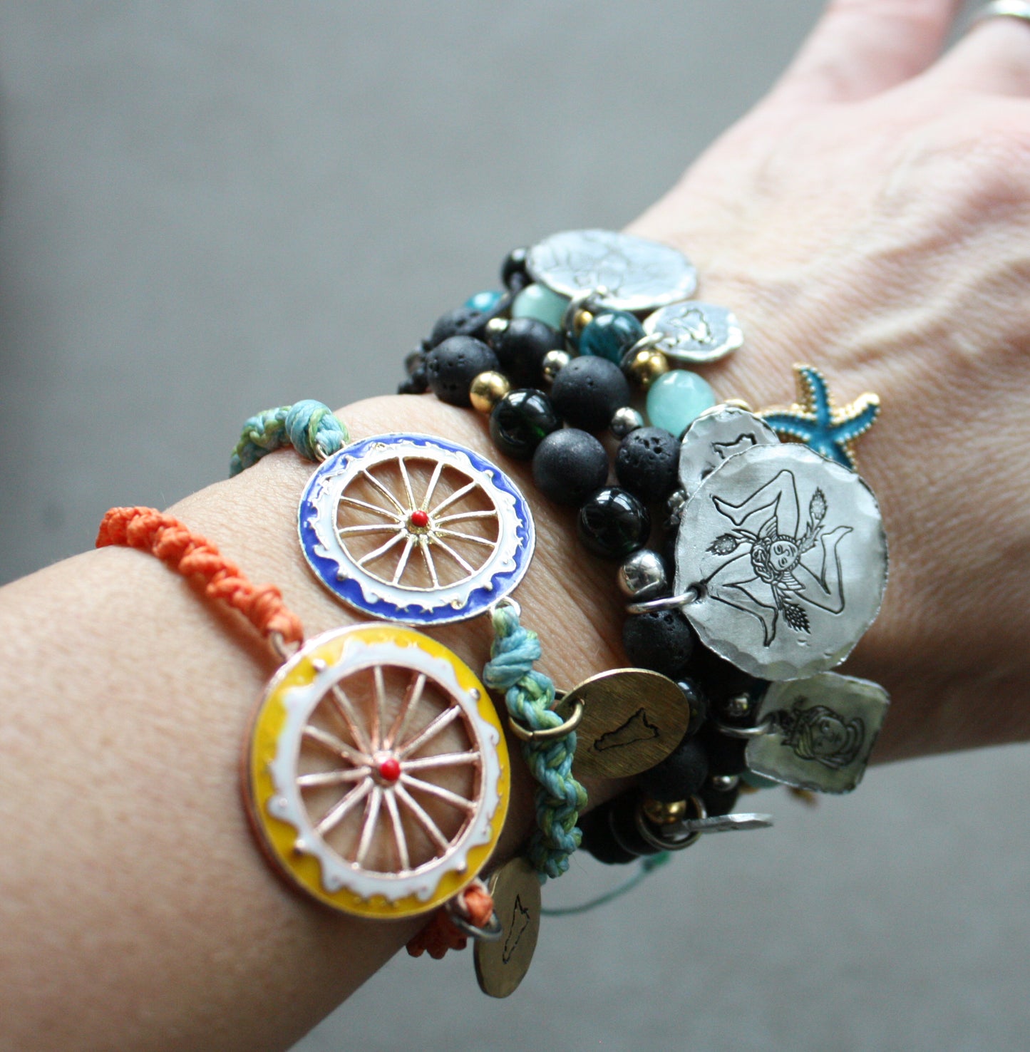 Sicilian Bracelet with Natural Stones, Stainless Steel & Hand-Engraved Aluminum Charms