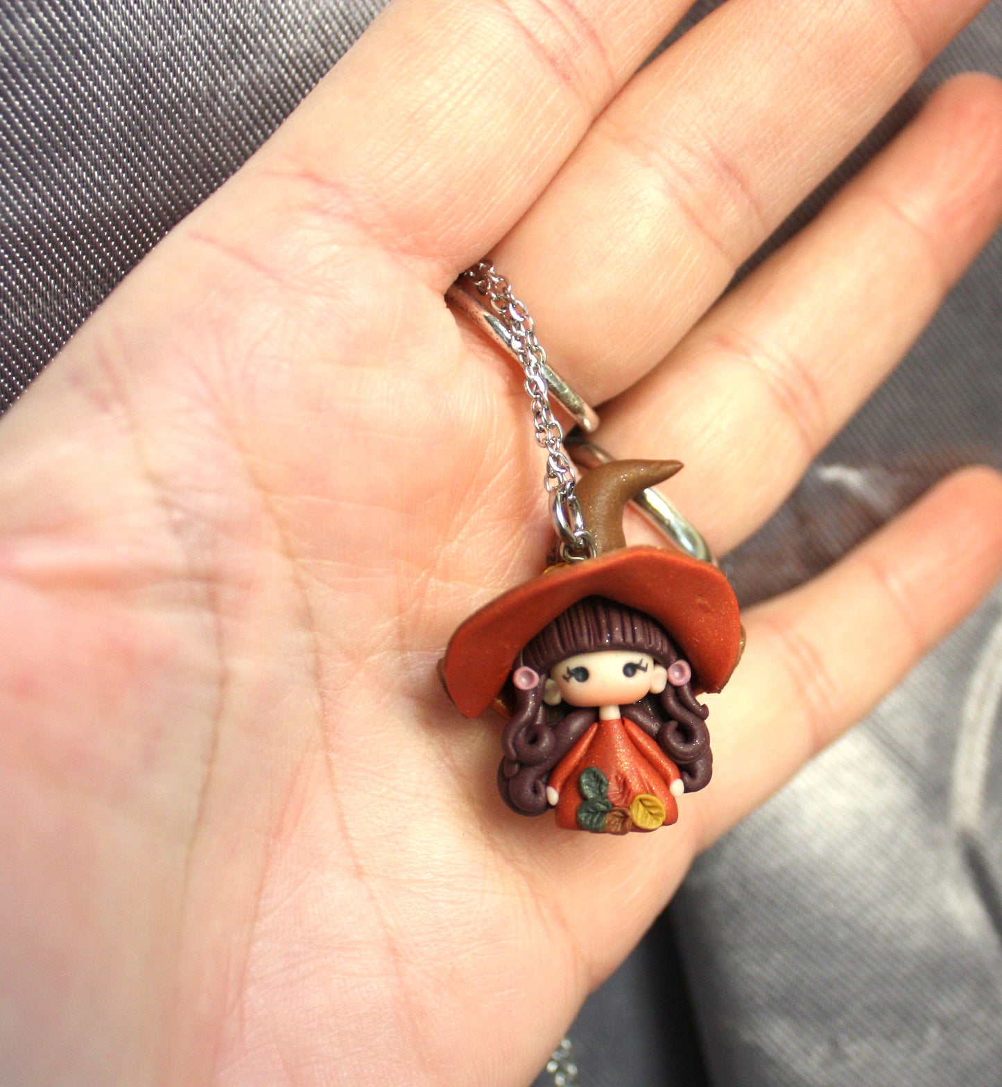 Stainless Steel Necklace with Mini Witch in Polymer Clay