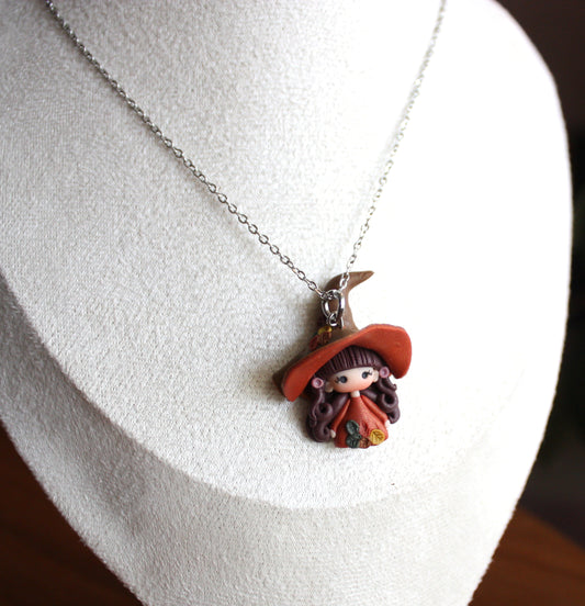 Stainless Steel Necklace with Mini Witch in Polymer Clay