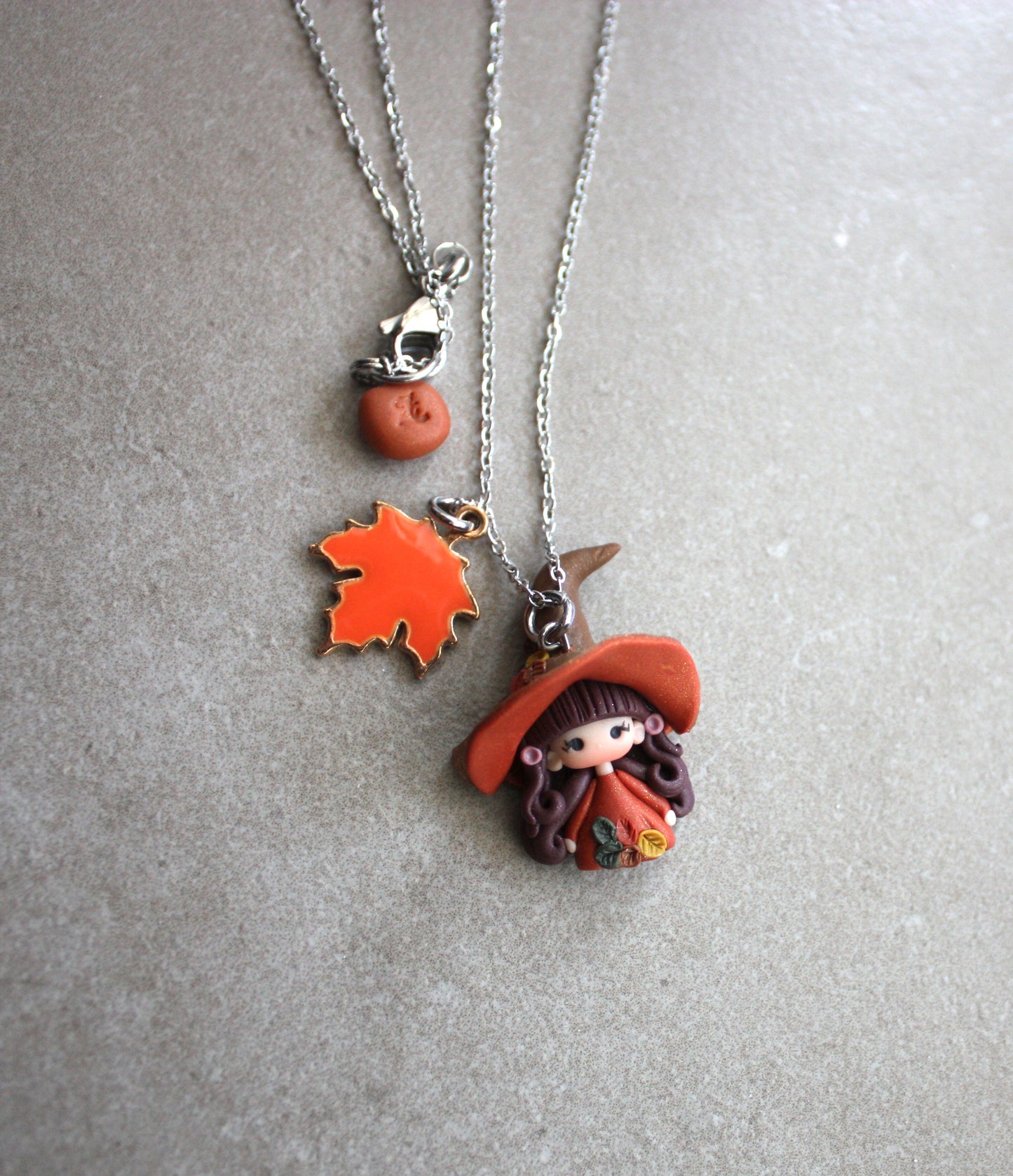 Stainless Steel Necklace with Mini Witch in Polymer Clay
