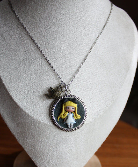 Stainless Steel Necklace with Cameo and Alice in Polymer Clay