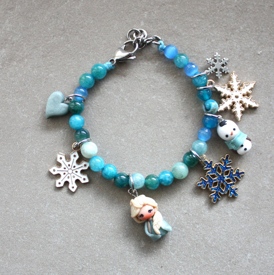 Bracciale Frozen con pietre dure azzurre-  Elsa e Olaf in fimo