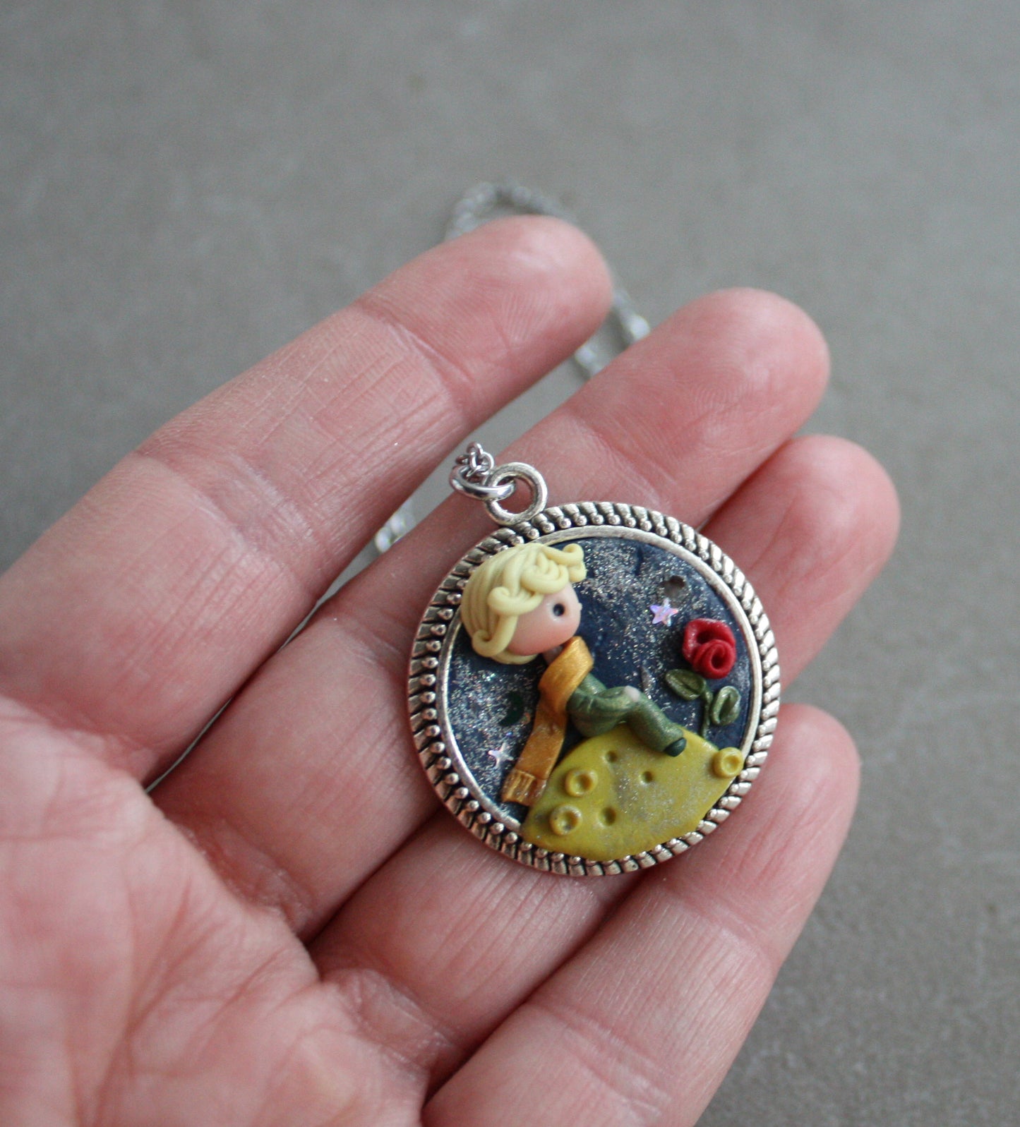 Handmade Little Prince–Inspired Cameo Necklace in Polymer Clay