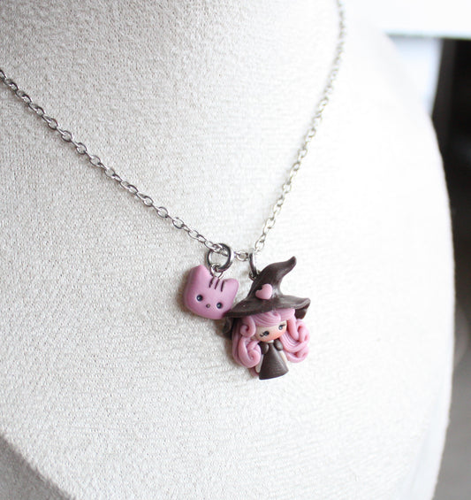 Handmade Witch Necklace in Polymer Clay – Stainless Steel Chain