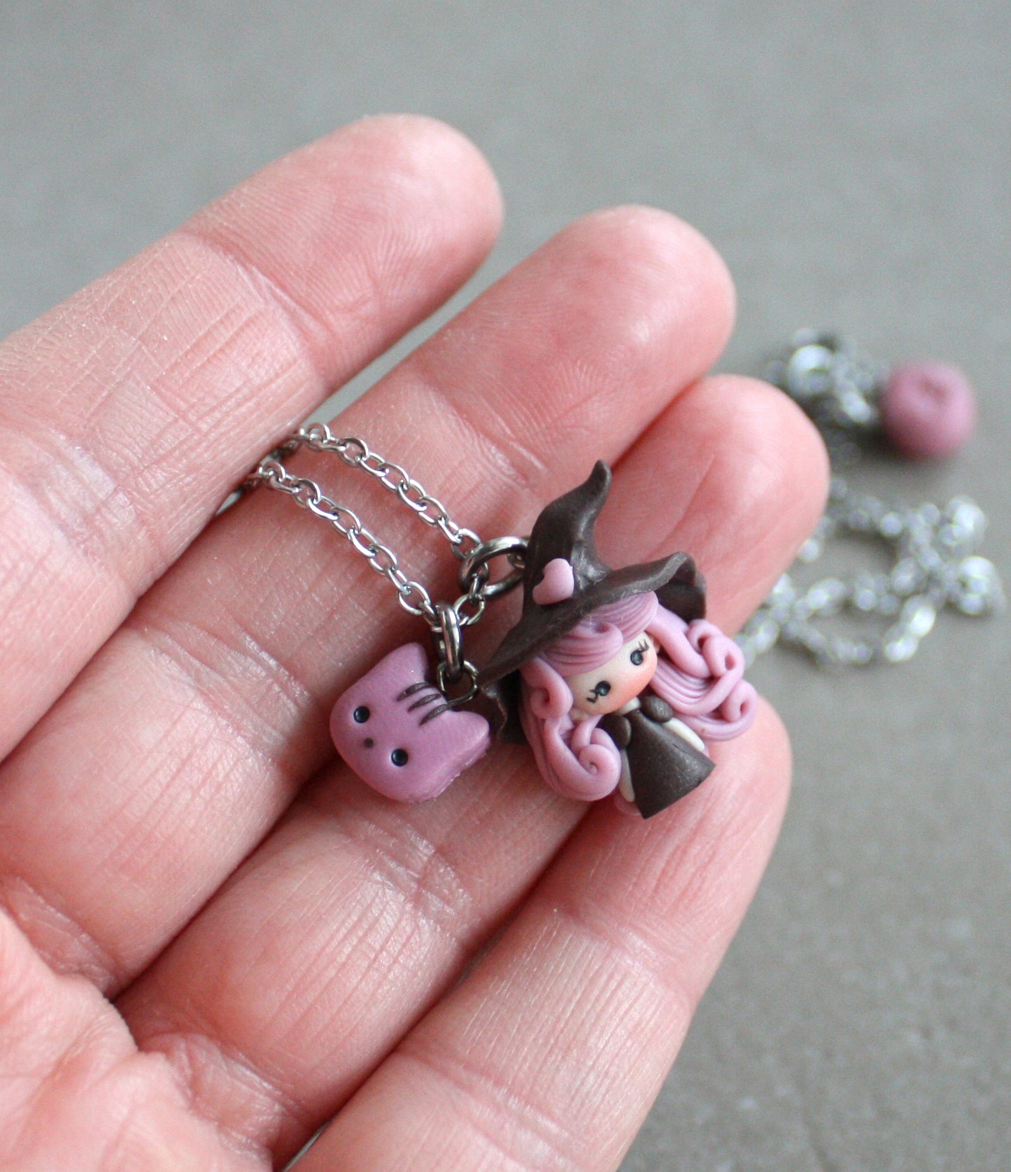 Handmade Witch Necklace in Polymer Clay – Stainless Steel Chain