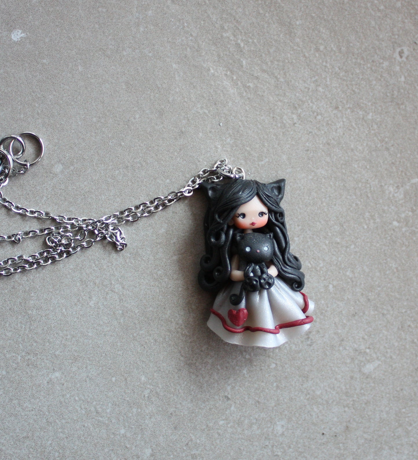 Collana in acciaio inox con cat doll in fimo