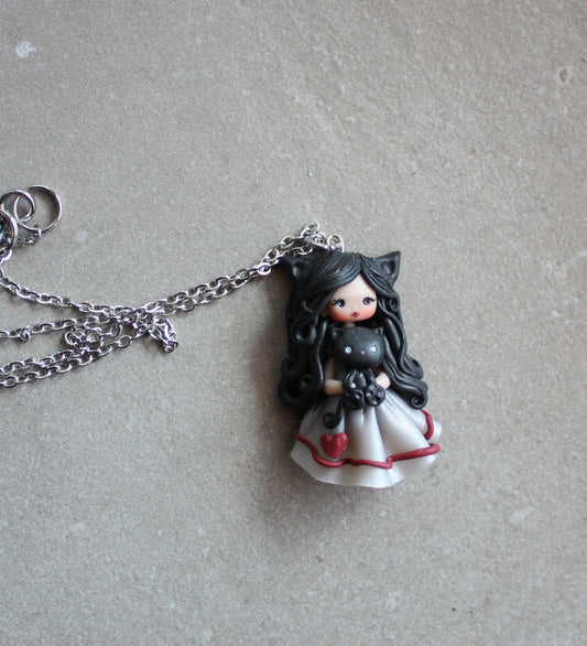 Collana in acciaio inox con cat doll in fimo