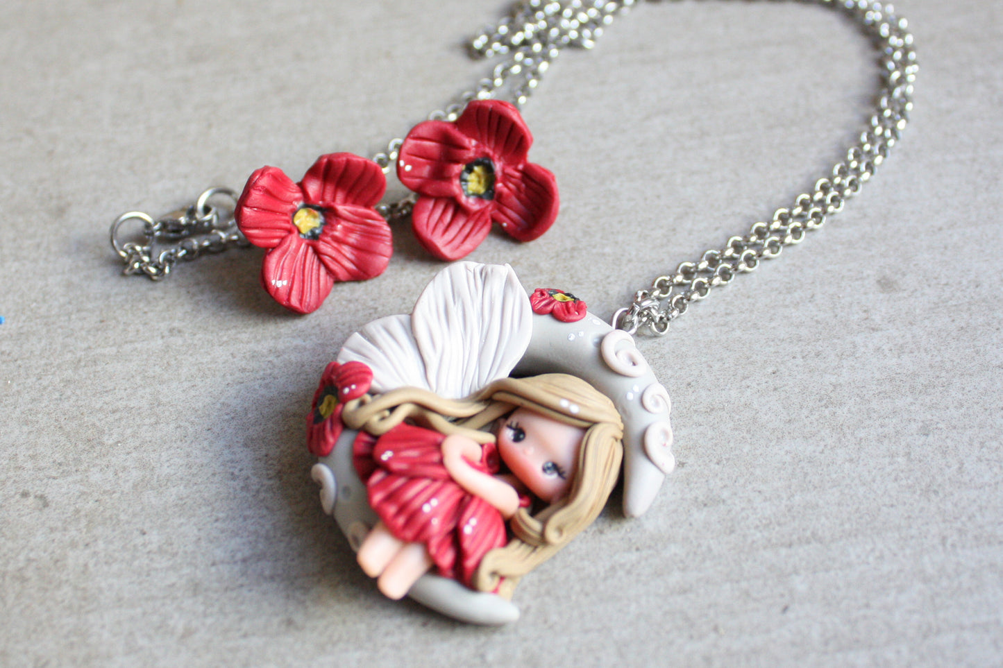 poppy fairy - fimo doll - set of necklace and earrings