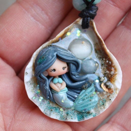 Mermaid on Seashell with Polymer Clay and Resin Necklace