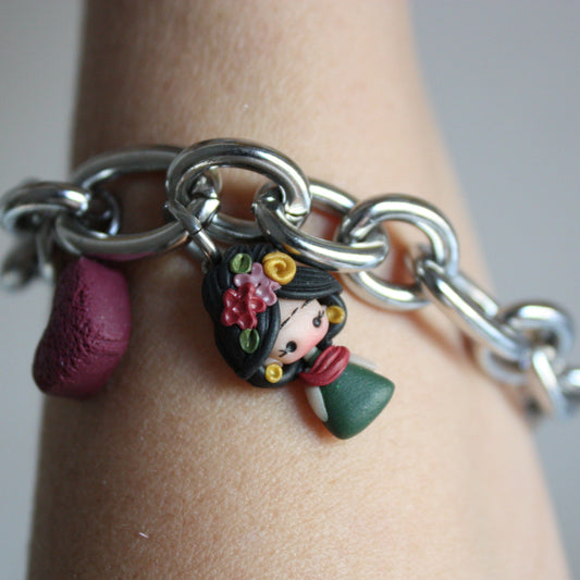 Handmade Stainless Steel Bracelet with Frida Doll Charm and Heart

