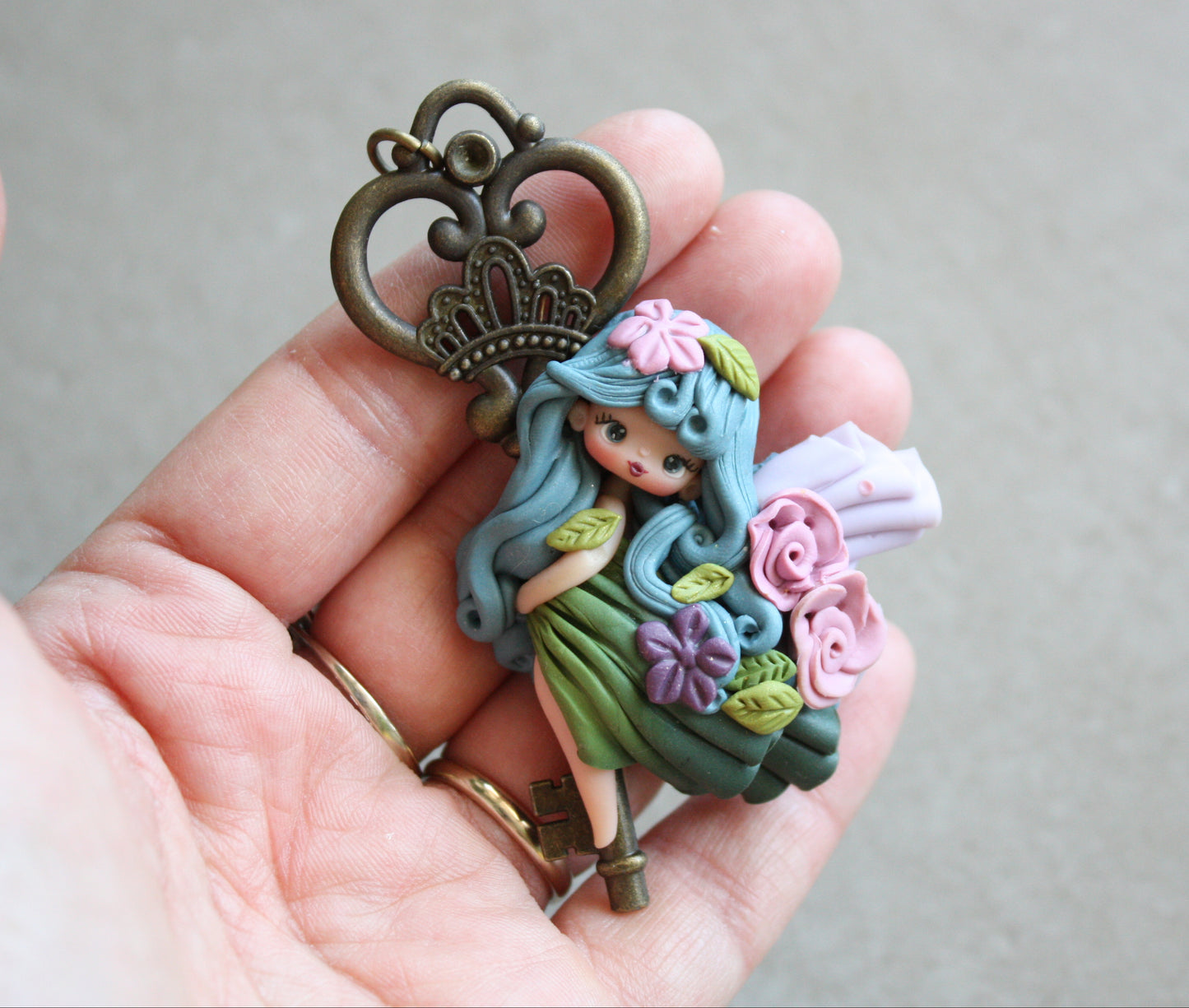 Handmade Polymer Clay Fairy on Bronze Key