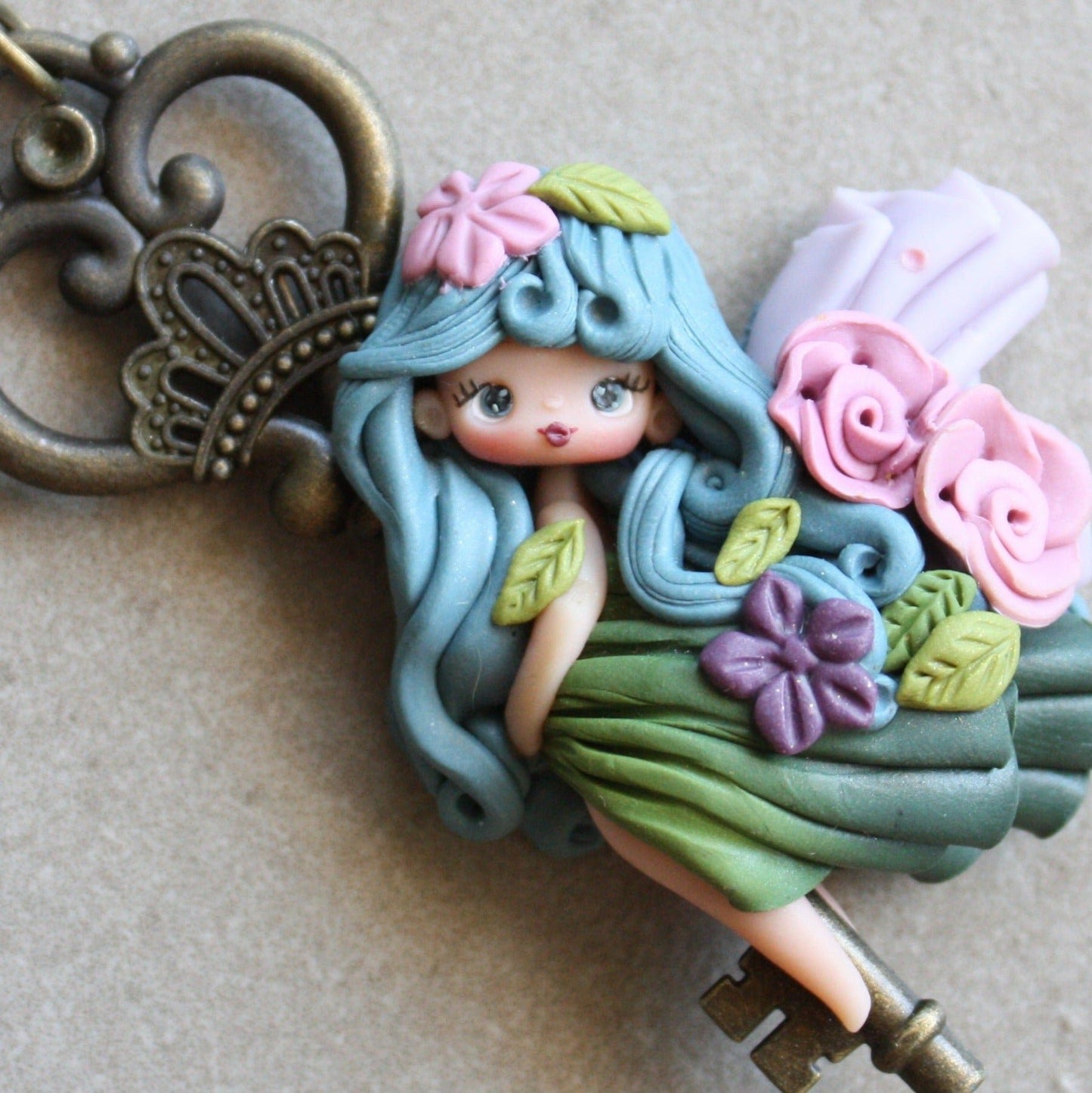 Handmade Polymer Clay Fairy on Bronze Key