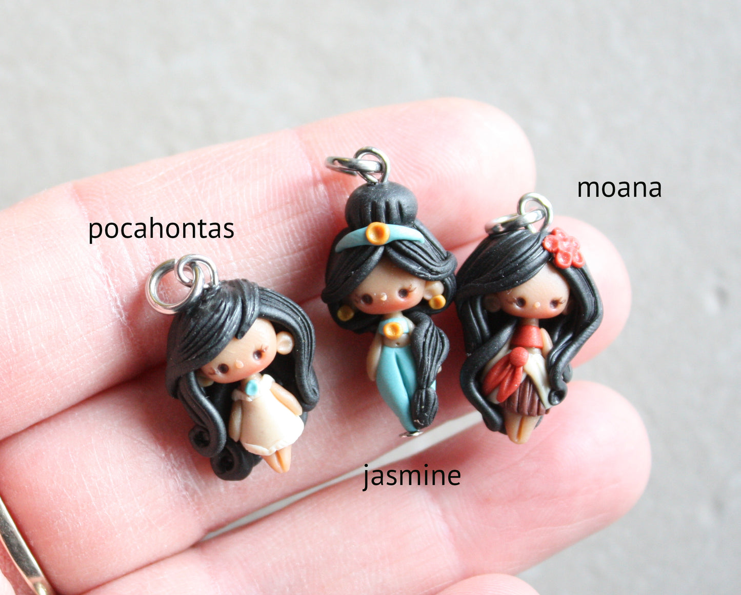 In stock! Jasmine, Moana, and Pocahontas charms