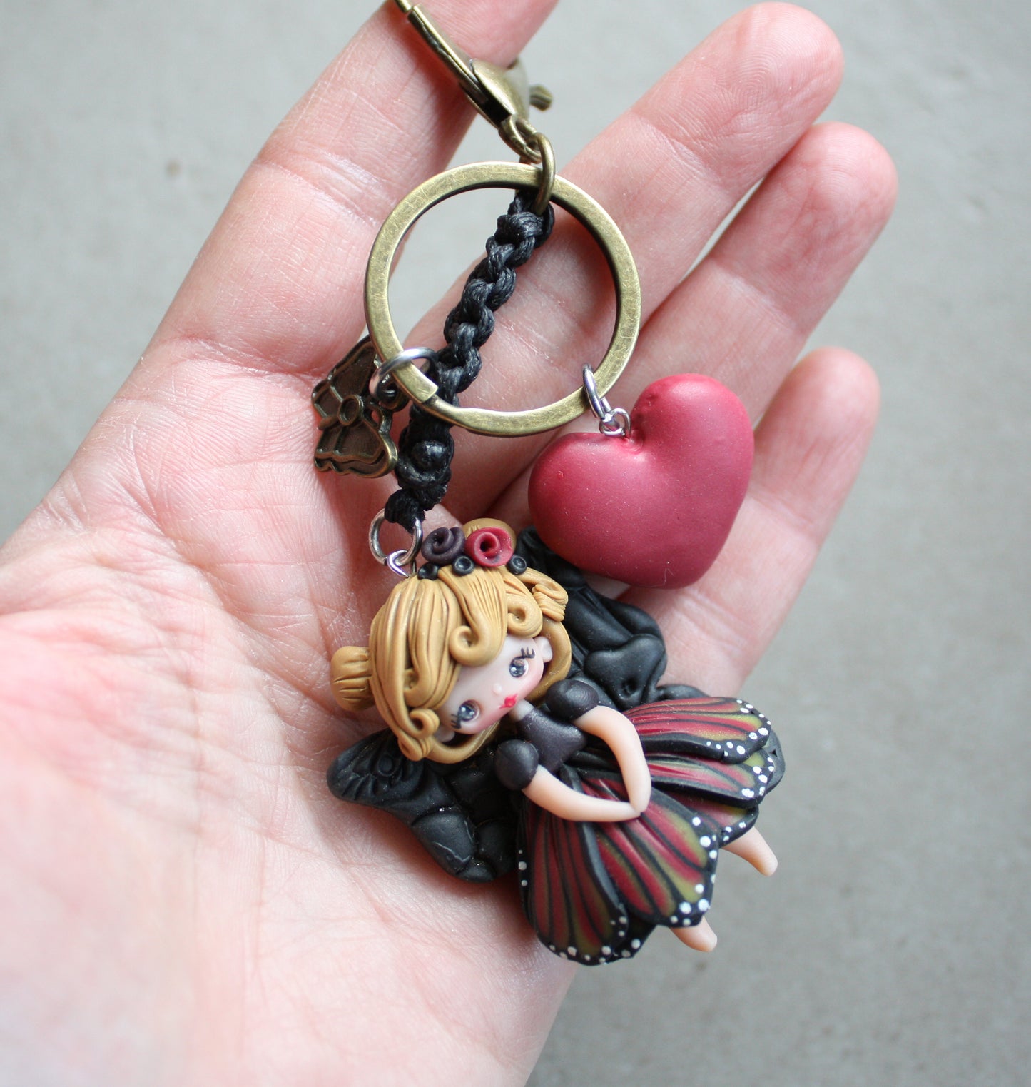 Bag Charm or Keychain with Monarch Fairy in Polymer Clay