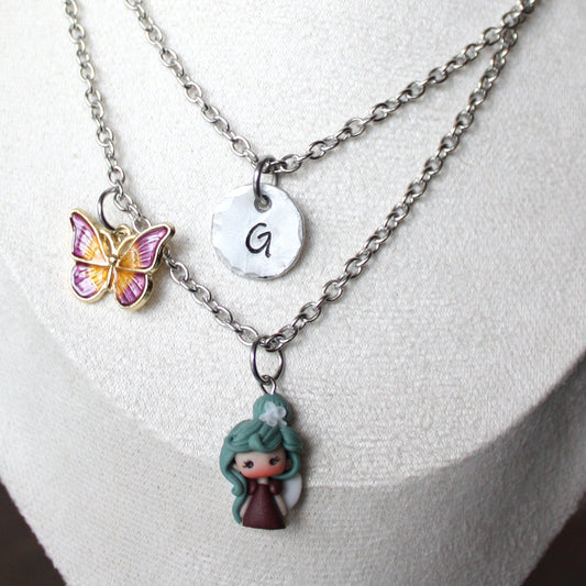 Double-strand stainless steel necklace with fairy