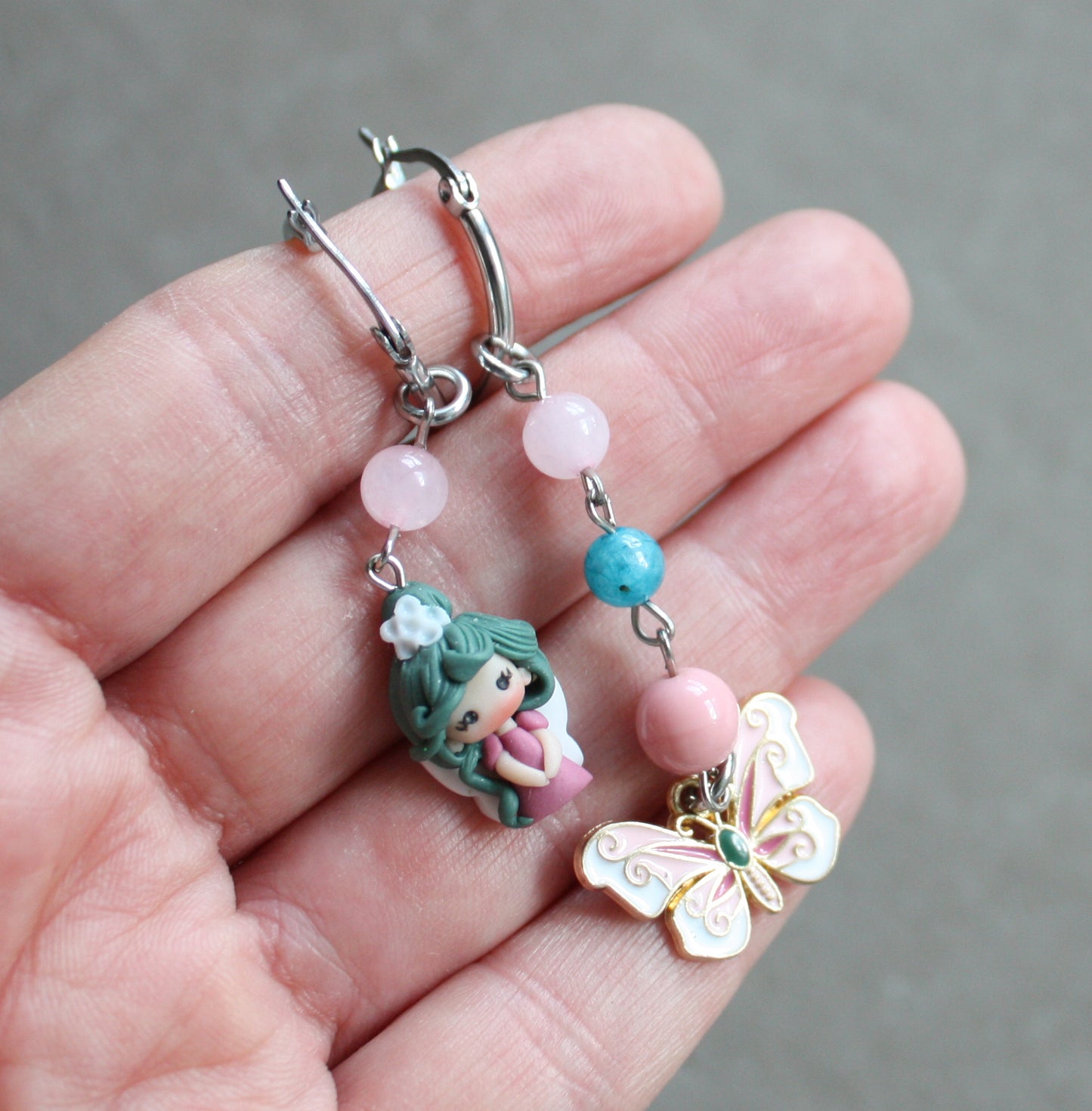 Delicate Stainless Steel Earrings with Polymer Clay Doll, Gemstones and Enamel Butterfly
