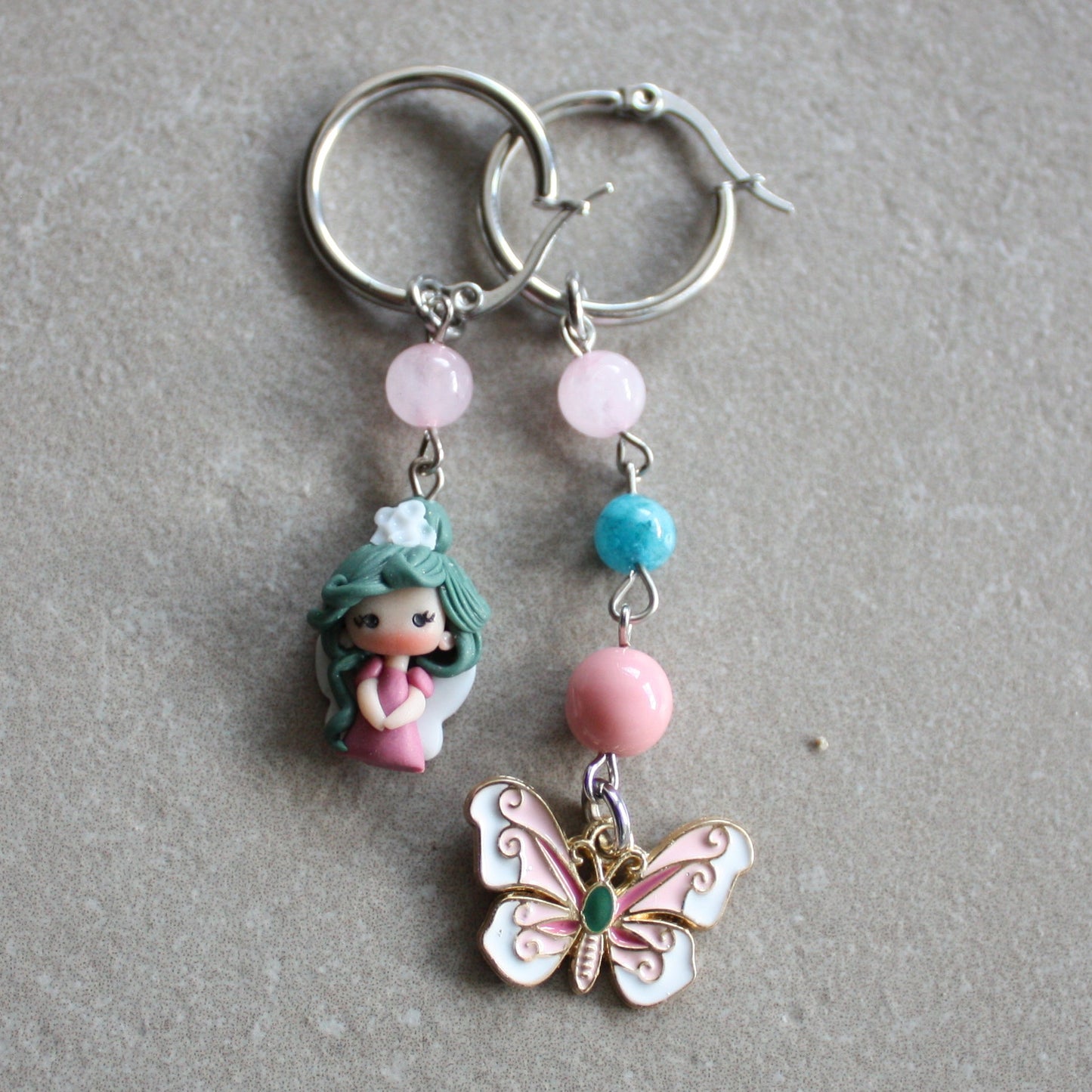 Delicate Stainless Steel Earrings with Polymer Clay Doll, Gemstones and Enamel Butterfly