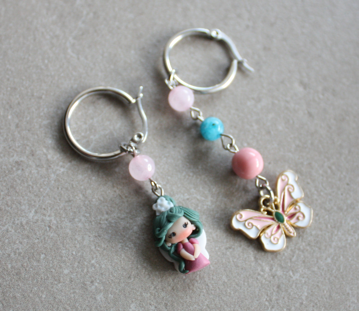 Delicate Stainless Steel Earrings with Polymer Clay Doll, Gemstones and Enamel Butterfly