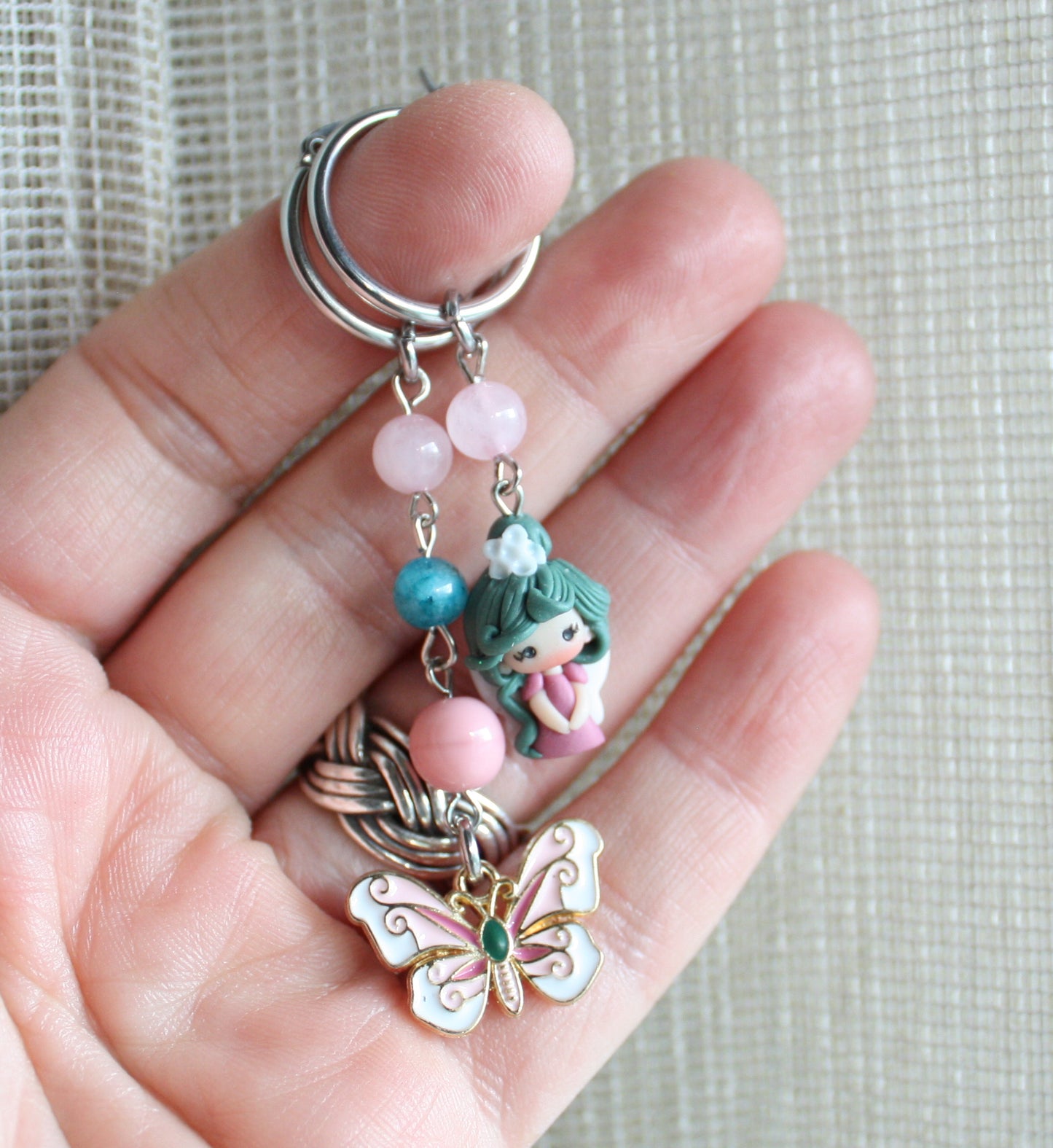 Delicate Stainless Steel Earrings with Polymer Clay Doll, Gemstones and Enamel Butterfly