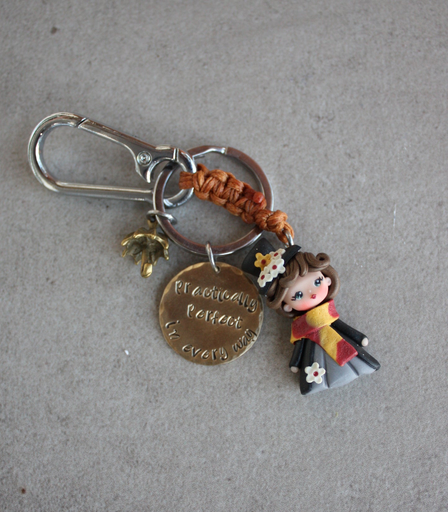 Mary Poppins Macramé Bag Charm with Hand-Engraved Brass Tag