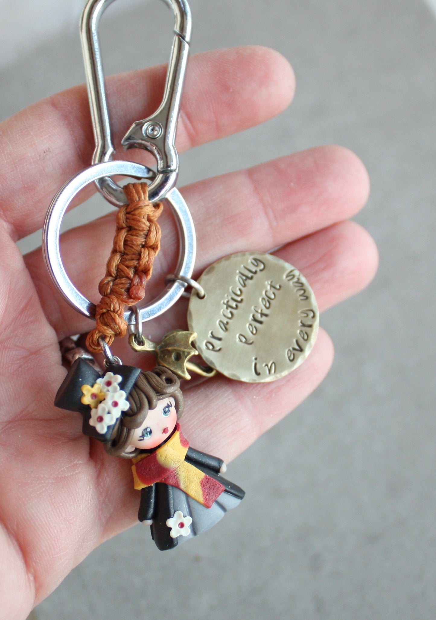 Mary Poppins Macramé Bag Charm with Hand-Engraved Brass Tag